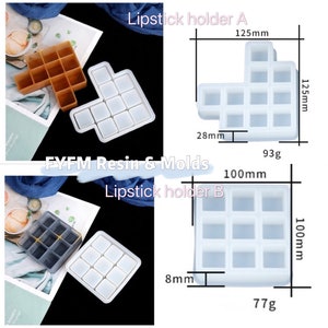 May include: Two lipstick holder molds, labeled A and B, are shown. Holder A is brown, and Holder B is dark gray. Both are square with multiple compartments. Holder A measures 125mm x 125mm, and Holder B measures 100mm x 100mm. The text "FYFM Resin & Molds" is also visible.