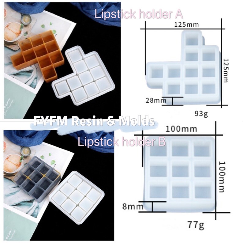 May include: Two lipstick holder molds, labeled A and B, are shown. Holder A is brown, and Holder B is dark gray. Both are square with multiple compartments. Holder A measures 125mm x 125mm, and Holder B measures 100mm x 100mm. The text "FYFM Resin & Molds" is also visible.