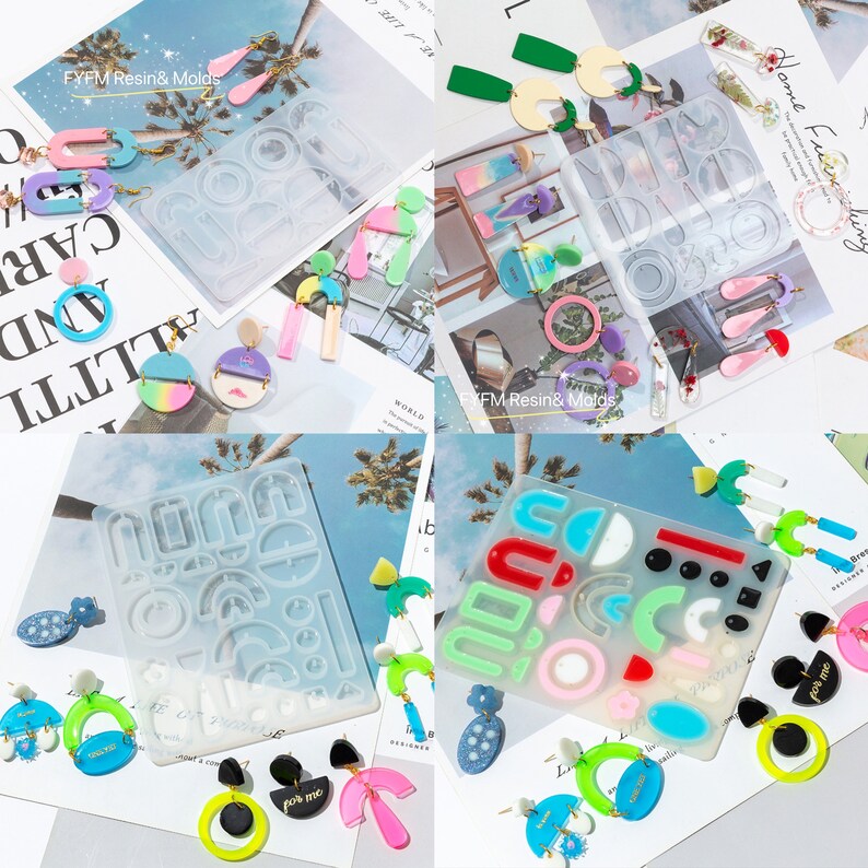 May include: A set of four silicone molds for making earrings. The molds are clear and feature various geometric shapes, including circles, squares, rectangles, and arches. The molds are shown with finished earrings made with resin and colorful glitter.