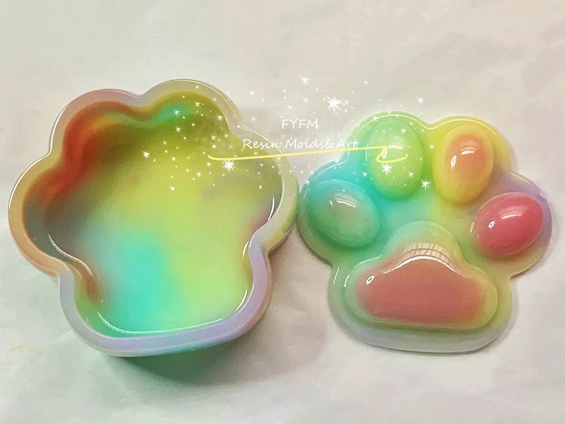 Pu&ograve; includere: Uno stampo in resina a forma di impronta di zampa di colore arcobaleno con un coperchio abbinato. Lo stampo &egrave; aperto e il coperchio &egrave; posto accanto ad esso. Lo stampo &egrave; realizzato in resina trasparente e presenta un design a spirale arcobaleno. Il coperchio &egrave; anch'esso realizzato in resina trasparente e presenta un design a spirale arcobaleno. Lo stampo &egrave; perfetto per realizzare oggetti in resina.