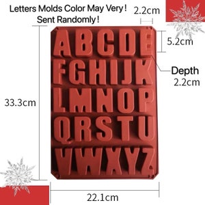 May include: Red alphabet letter silicone mold for baking or crafting. The mold is 22.1 inches wide, 5.2 inches tall, and 2.2 inches deep.  Letters Molds Color May Very! Sent Randomly!