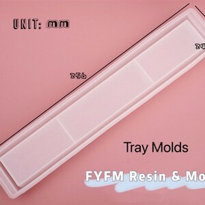 Pode incluir: Um molde de bandeja retangular branco com tr&ecirc;s compartimentos. O molde mede 25,6 cm de comprimento e 4,9 cm de largura. O molde &eacute; etiquetado como "Tray Molds" e "FYFM Resin & Molds".