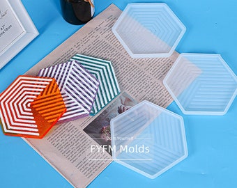 Molde de silicona para posavasos con rayas hexagonales, posavasos de hormigón, molde epoxi para placa de joyería
