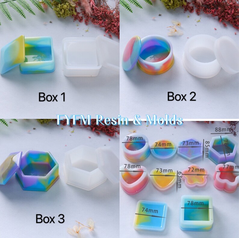 May include: An assortment of resin molds in various shapes and sizes, including square, round, and hexagonal designs. The molds feature vibrant, multicolored patterns and include lids. The image also displays the text "FYEM Resin & Molds."