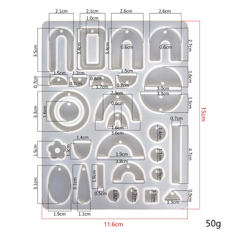 May include: A clear silicone mold with 18 different shapes for making earrings. The mold measures 11.6 inches by 15 inches. The shapes include arches, circles, ovals, and geometric shapes.