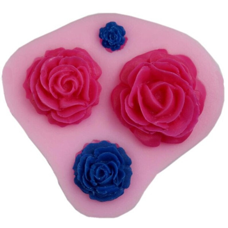May include: A pink silicone mould featuring three large, vibrant pink rose designs and two smaller, deep blue rose designs. The mould is designed for crafting decorative elements.