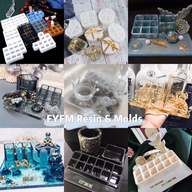 May include: A collection of resin molds and finished resin products in various shapes and colors. Includes molds for lipsticks, trays, and decorative items. Some items are decorated with gold accents and ribbons. The text "FYFM Resin & Molds" is visible.