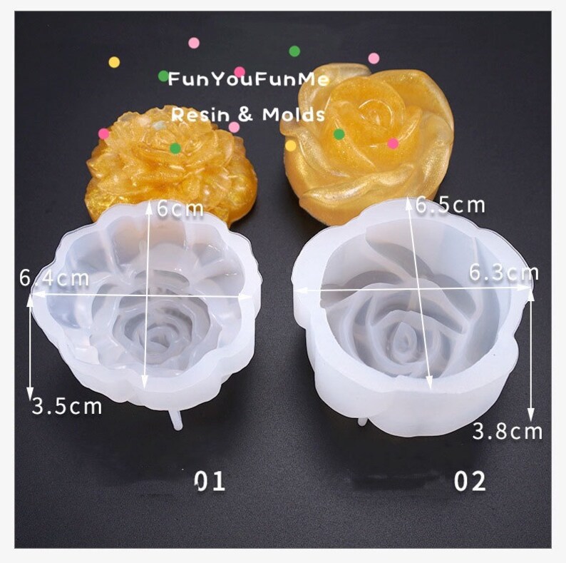 May include: Two rose-shaped resin moulds, one clear and one gold, with the text "FunYouFunMe Resin & Molds." The clear mould is 6.4 cm wide, 6 cm long, and 3.5 cm deep. The gold resin is 6.5 cm wide. The second clear mould is 6.3 cm wide and 3.8 cm deep.