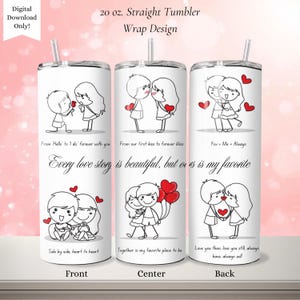 Valentine's Day 20 oz. Skinny Tumbler PNG, Cute Couple Love Story Tumbler Wrap Design, Valentine's Day Digital Download, Sublimation Design image 2