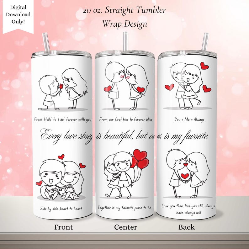 Valentine's Day 20 oz. Skinny Tumbler PNG, Cute Couple Love Story Tumbler Wrap Design, Valentine's Day Digital Download, Sublimation Design image 2