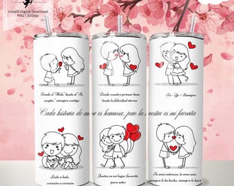 Valentine's Day 20 oz. Skinny Tumbler PNG, Cute Couple Spanish Love Story Tumbler Wrap Design, Valentine's Day PNG, Spanish Design, Sublimation
