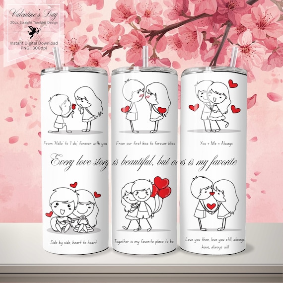 Valentine's Day 20 oz. Skinny Tumbler PNG, Cute Couple Love Story Tumbler Wrap Design, Valentine's Day Digital Download, Sublimation Design