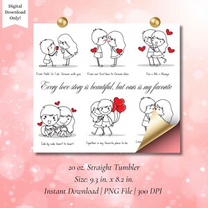 May include: A digital download featuring a series of black and white illustrations of couples in various romantic poses, with red heart accents. Text includes phrases like "Every love story is beautiful, but ours is my favorite." The size is 9.3 in. x 8.2 in.