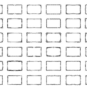 May include: A set of 36 black and white hand-drawn rectangular frames with various decorative borders. The frames are ideal for adding a vintage touch to your designs.