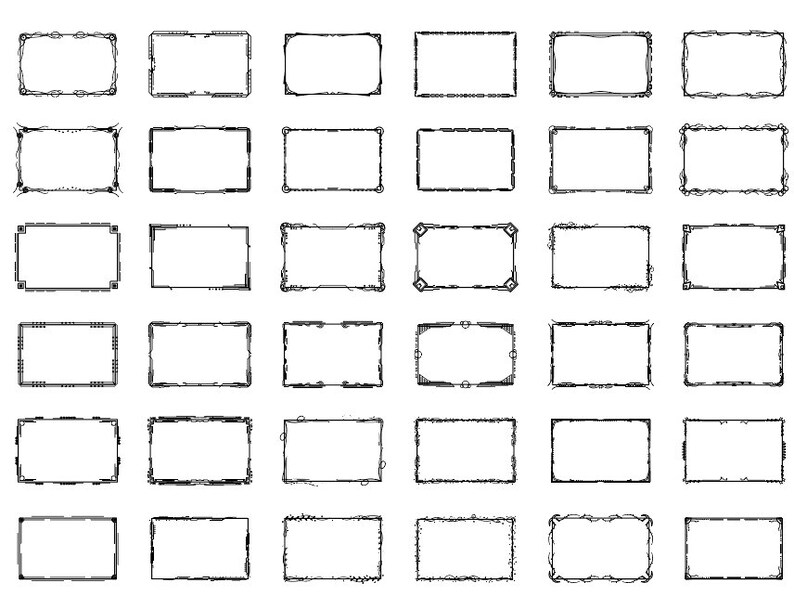 May include: A set of 36 black and white hand-drawn rectangular frames with various decorative borders. The frames are ideal for adding a vintage touch to your designs.
