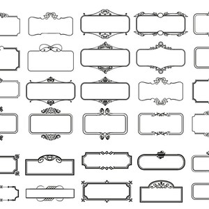 May include: A set of 30 black and white decorative frames with ornate designs. The frames are rectangular and have various styles of borders and corners.
