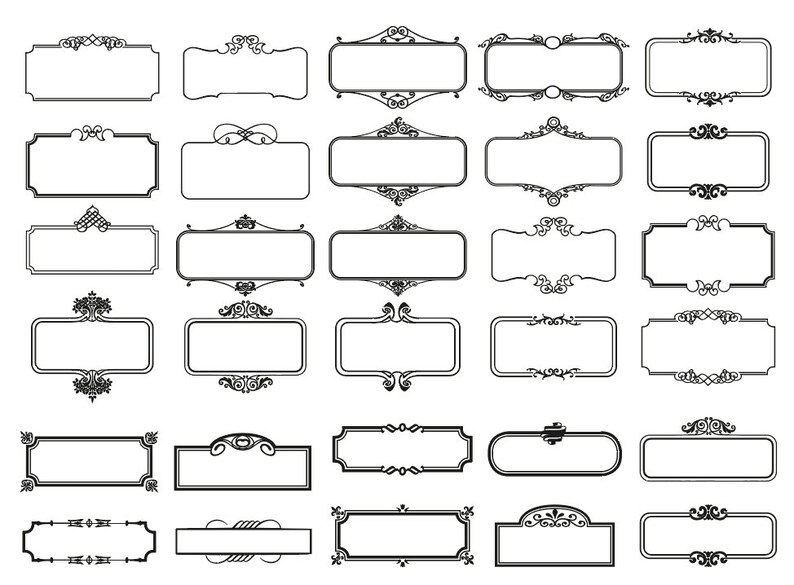 May include: A set of 30 black and white decorative frames with ornate designs. The frames are rectangular and have various styles of borders and corners.