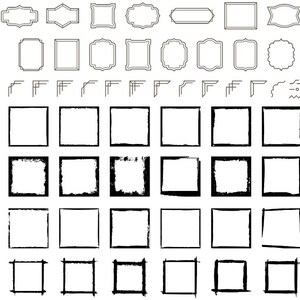 May include: A set of 40 black and white frame outlines, including square, rectangle, and rounded shapes. The frames are arranged in rows and columns, with some frames having a distressed or textured look.