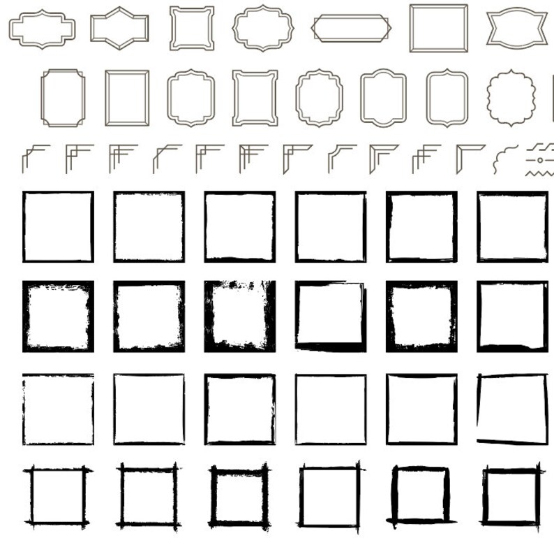 May include: A set of 40 black and white frame outlines, including square, rectangle, and rounded shapes. The frames are arranged in rows and columns, with some frames having a distressed or textured look.