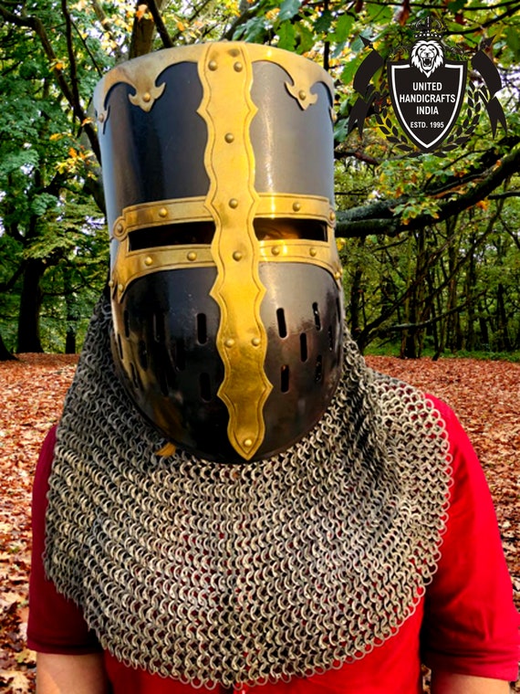 Medieval Knight Armour Norman Templar Steel & Brass Viking Helmet Chainmail Gift 