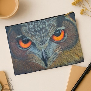 Owl Accessory Pouch, Colored Pencil Artwork on Textured Paper, Artist Pencil Case, Gift for Owl Lovers