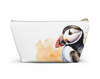 Bold and Bright: Stunning Puffin Watercolor on Orange Background  Accessory Pouch With T-bottom - Alaska Souvenir, Pencil Pouch, Storage