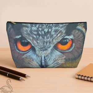 Owl Accessory Pouch, Colored Pencil Artwork, Artist Pencil Case, Makeup Bag, Gift for Owl Lovers, Textured Paper Design