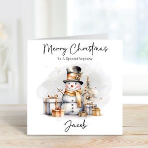 Tarjeta de Navidad personalizada, Tarjeta de muñeco de nieve de Navidad, Tarjeta de Navidad con nombre, Sobrino, Sobrina, Nieto, Hijo, Cualquier pariente, Tarjeta de Navidad personalizada