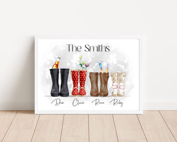 Personalised Family Welly Boot Print, Custom Family Art, Family