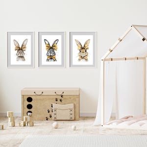 Juego de 3 impresiones de arte de pared de conejito, adorable decoración de guardería de animales del bosque para habitaciones de niños o baby showers, arte de pared de guardería, decoración de habitación de niños