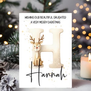 Tarjeta de Navidad para hija, tarjeta de Navidad para hija, tarjeta personalizada para hija, tarjeta de Navidad personalizada para hija, tarjeta de reno, inicial