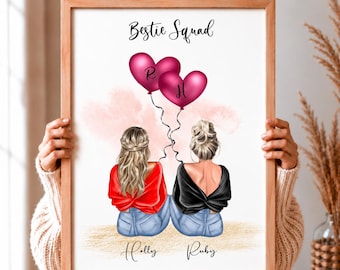 Op de afbeelding: Een ingelijste print met een illustratie van twee personen van achteren gezien, gekleed in rode en zwarte tops met blauwe jeans. Ze houden twee roze hartvormige ballonnen vast met de letters R en H. De tekst Bestie Squad, Holly en Ruby staat erop.