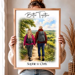 Personalised Hiking Couple Print, Custom Anniversary Gift, Adventure Lovers Wall Art, Hikers