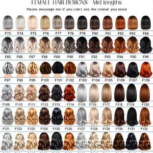 Op de afbeelding: Een overzicht van verschillende halflange kapsels voor vrouwen, elk met een unieke kleur en stijl. De afbeelding bevat de tekst "FEMALE HAIR DESIGNS - Mid lengths" en "Please message me if you can't see the colour you need."