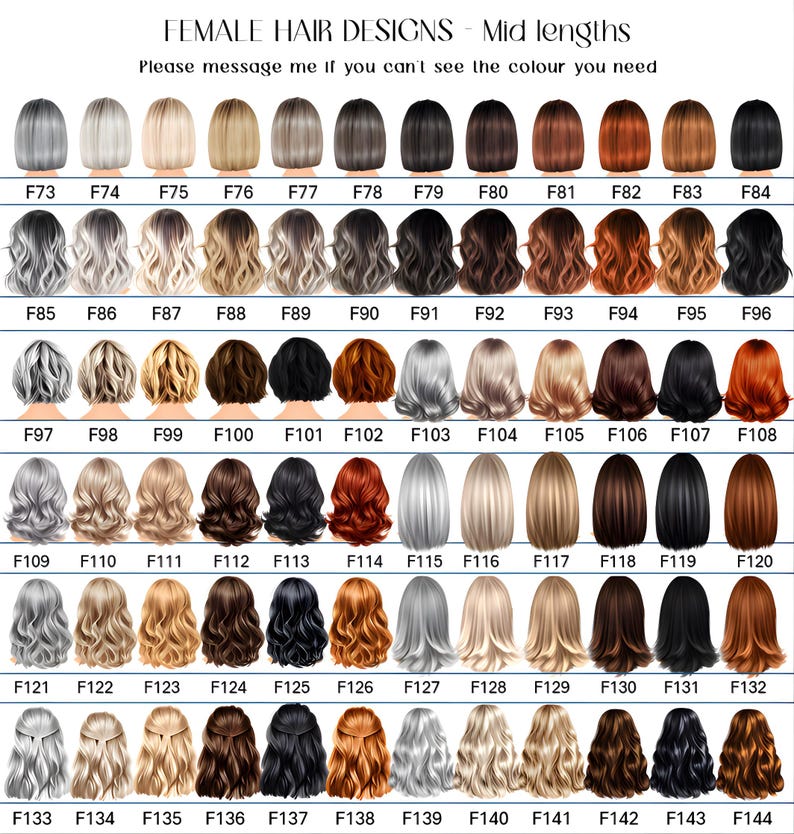 Op de afbeelding: Een overzicht van verschillende halflange kapsels voor vrouwen, elk met een unieke kleur en stijl. De afbeelding bevat de tekst "FEMALE HAIR DESIGNS - Mid lengths" en "Please message me if you can't see the colour you need."