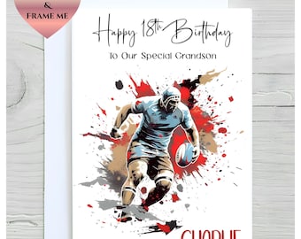 Tarjeta de cumpleaños de rugby personalizada, tarjeta para nieto, tarjeta de cumpleaños número 18 para aficionado al rugby, hijo, sobrino, primo, hermano, tarjeta con temática de rugby, 16