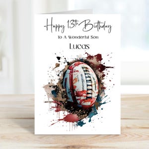 Carte d'anniversaire de rugby personnalisée, carte pour fils, carte de 13e anniversaire pour fan de rugby, fils, neveu, cousin, petit-fils, carte sur le thème du rugby, 18, 16 ans