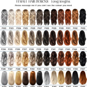 Op de afbeelding: Een afbeelding met 48 illustraties van vrouwelijke kapsels in verschillende kleuren en stijlen, waaronder blond, bruin, zwart en rood. De tekst bovenaan luidt "FEMALE HAIR DESIGNS - Long lengths" en "Please message me if you can't see the colour you need."