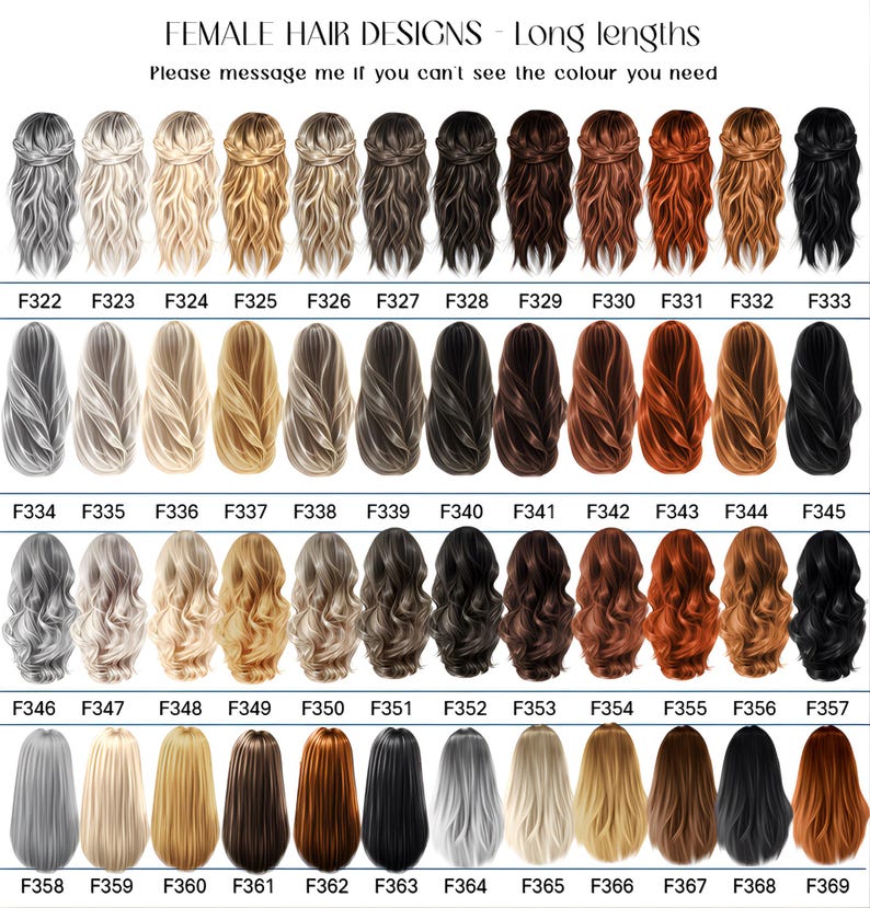 Op de afbeelding: Een afbeelding met 48 illustraties van vrouwelijke kapsels in verschillende kleuren en stijlen, waaronder blond, bruin, zwart en rood. De tekst bovenaan luidt "FEMALE HAIR DESIGNS - Long lengths" en "Please message me if you can't see the colour you need."