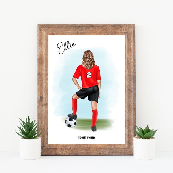 Personalised football print, Girl footballer picture, Womans football print, gift for her, Football print, bedroom decor, Teenage girl decor