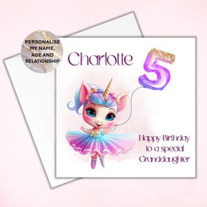 Carte d'anniversaire personnalisée de licorne, carte d'anniversaire de petite fille, carte d'anniversaire de licorne, tous les âges personnalisés, carte pour petite-fille