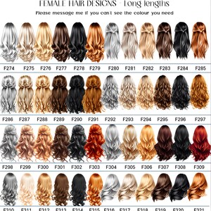 Op de afbeelding: Een catalogus van vrouwelijke haarontwerpen met lange lengtes, met verschillende kapsels en kleuren. De afbeelding bevat de tekst "FEMALE HAIR DESIGNS - Long lengths" en "Please message me if you can't see the colour you need."