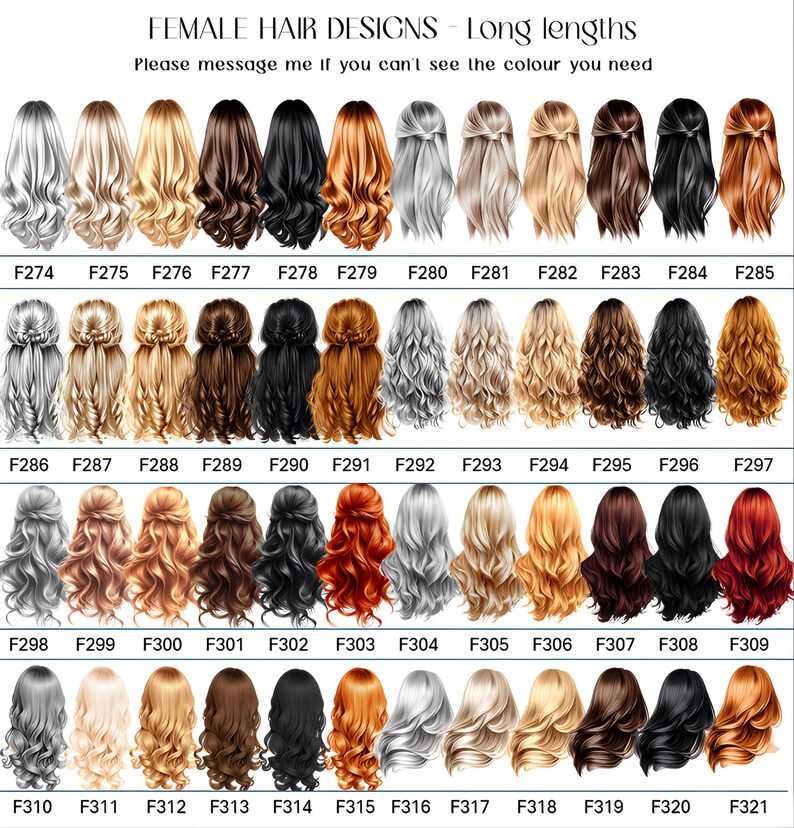 Op de afbeelding: Een catalogus van vrouwelijke haarontwerpen met lange lengtes, met verschillende kapsels en kleuren. De afbeelding bevat de tekst "FEMALE HAIR DESIGNS - Long lengths" en "Please message me if you can't see the colour you need."