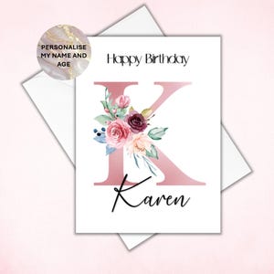 Personalisierte erste Geburtstagskarte, Karte für sie, personalisierte Geburtstagskarte, rosa Blumen Initiale, personalisierte Frauenkarte, 30., 40