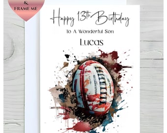 Tarjeta de cumpleaños de rugby personalizada, tarjeta para hijo, tarjeta de cumpleaños número 13 para aficionado al rugby, hijo, sobrino, primo, nieto, tarjeta con temática de rugby, 18, 16