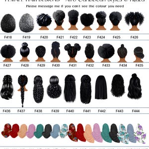 Op de afbeelding: Een digitale kaart getiteld FEMALE HAIR DESIGNS - Afro Caribbean Styles & Hijabs met diverse zwarte kapsels gelabeld F418 tot F444 en een rij kleurrijke hijabs gelabeld H1 tot H17, met een bericht om contact op te nemen voor aangepaste kleuren.
