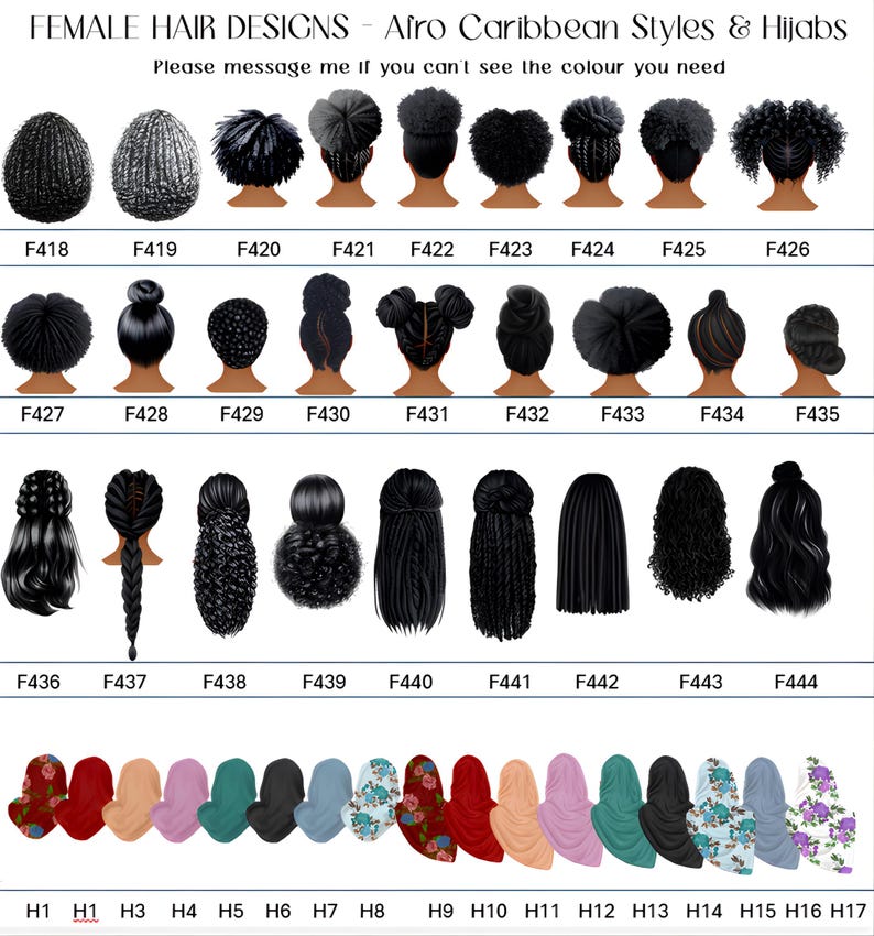 Op de afbeelding: Een digitale kaart getiteld FEMALE HAIR DESIGNS - Afro Caribbean Styles & Hijabs met diverse zwarte kapsels gelabeld F418 tot F444 en een rij kleurrijke hijabs gelabeld H1 tot H17, met een bericht om contact op te nemen voor aangepaste kleuren.
