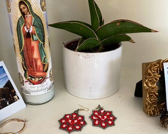 Red Handmade Beaded Heart Earrings