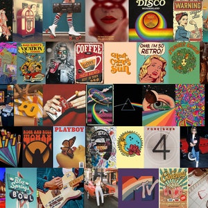 Op de afbeelding: Een collage van retro-afbeeldingen, waaronder een jukebox, een platenspeler, een kopje koffie, een regenboog, een discobal, een oldtimer, een vrouw in een jurk, een gitaar, een televisie en een bioscoopbord. De afbeeldingen zijn allemaal in een heldere, kleurrijke stijl.