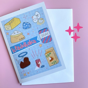 Cartão de felicitações, Fika sueco, impressão de arte de cozinha, estética fofa, cartão postal, presente para um amigo, cartão de receita, Kawaii, decoração de parede fofa, torta de ovo